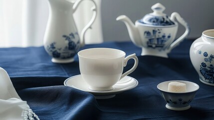 Fototapeta premium A classic white coffee cup mock-up on a navy blue linen tablecloth, accompanied by a white and blue porcelain creamer and sugar bowl, reflecting a nautical brunch theme.