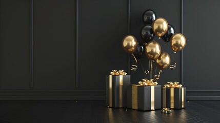 Elegant Black and Gold Gift Boxes with Balloons in Luxurious Setting - Perfect for Celebrations, Parties, and Special Occasions