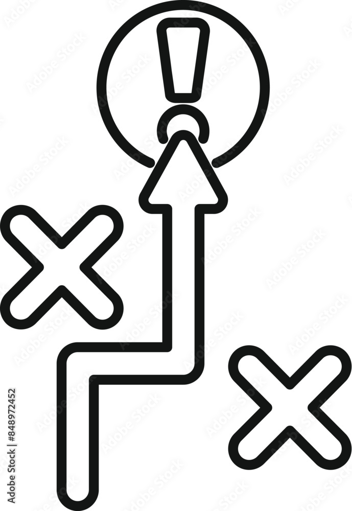 Poster line drawing of an arrow choosing the right path and overcoming obstacles to reach an objective