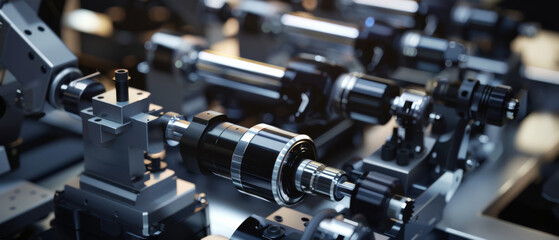 Naklejka premium A detailed view of intricate robotics technology in action, underscoring the sophistication and exactness required in modern manufacturing systems.