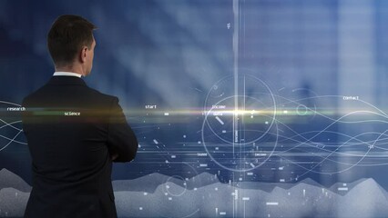 A man thought about the coordinate system and pie charts in the background to which light waves move and graphs grow. Scientific developments and technological research in the physics of processes. Cg