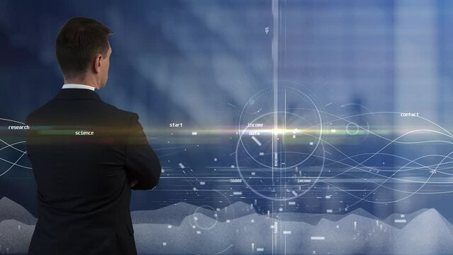 A man thought about the coordinate system and pie charts in the background to which light waves move and graphs grow. Scientific developments and technological research in the physics of processes. Cg