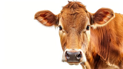 Brown cow with black nose isolated on white background innocent expression