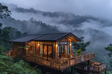 Obraz premium Resort with a wooden deck and a view of the mountains. rain season travel