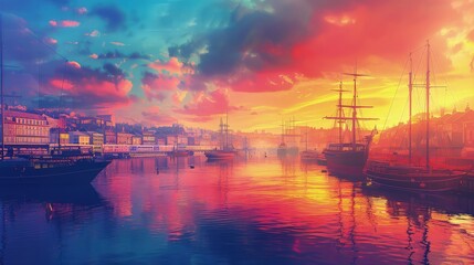 A colorful sunrise over a bustling harbor, the early light reflecting off the boats and water, creating a vibrant and dynamic waterfront scene.