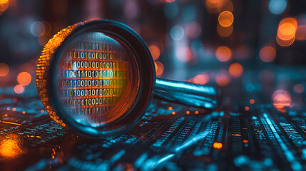 A magnifying glass is placed on a computer keyboard with a bunch of numbers on it. Concept Searching Data