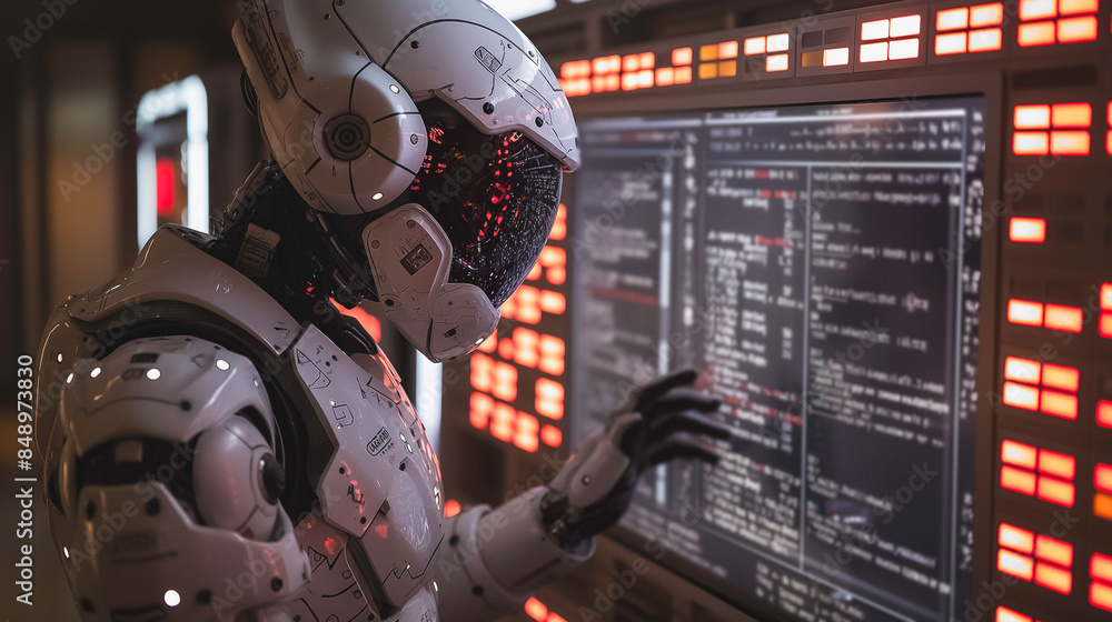 Poster a robot is looking at a computer monitor with a red background. the robot is wearing a white helmet 