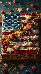 Fototapeta premium Patriotic American Flag Cake with Vibrant Red White and Blue Layered Design