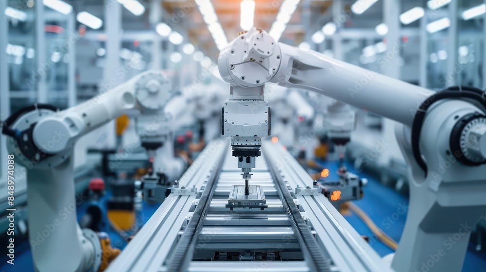 Poster A smart factory where AI driven machines work seamlessly to produce complex products.