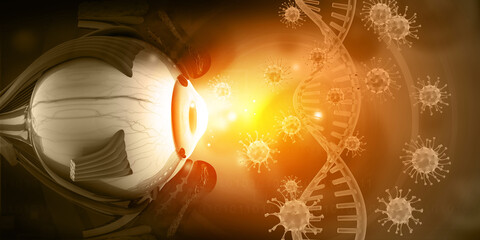 Human eye anatomy with DNA and virus background. 3d illustration..