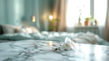 Beautiful marble tabletop with a blurred background of a bed in a bedroom, showcasing a hyper-quality, 8K resolution. 
