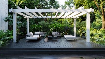 Fototapeta premium Modern white pergola covers a luxurious outdoor patio seating area surrounded by lush green tropical garden foliage, perfect for architectural design marketing.