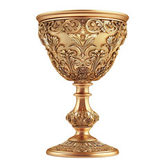 Ornate golden goblet with intricate patterns, highlighting luxury craftsmanship, isolated on a white background.
