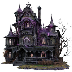 Obraz premium Mystical haunted house with gothic architecture, illuminated in eerie light, perfect for Halloween and spooky themes.