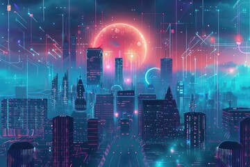 Fototapeta premium A banner background featuring a futuristic cityscape with holographic elements and digital network overlays