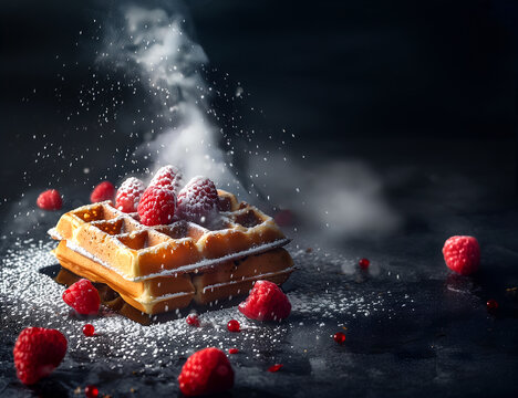Creative food template. Powder sugar scattered spinkle 
 over stack of waffle pastry dessert with raspberry raspberries fruit, on dark background. copy text space. top flat lay view

