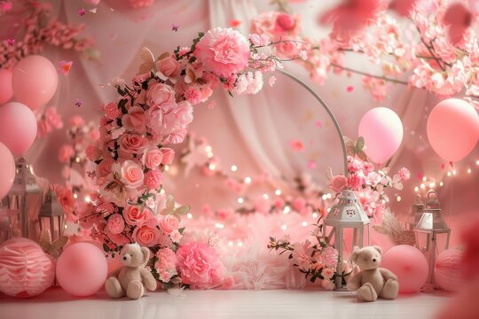 A colorful room with a rainbow balloon arch and a couch. Celebrate Party backdrop