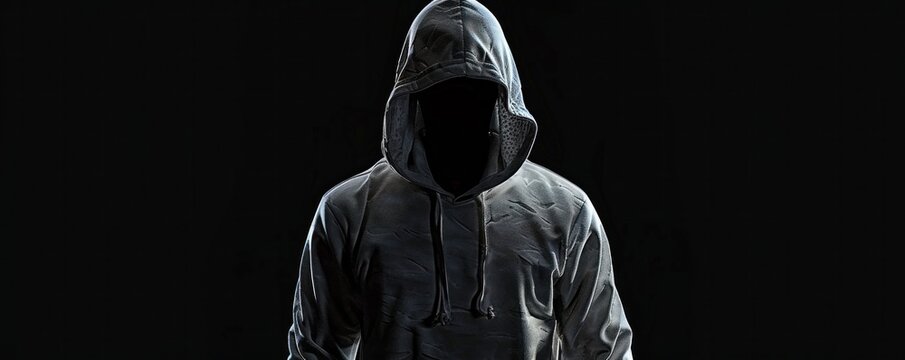 Mysterious figure wearing a dark hoodie, face hidden in shadows, evoking a sense of intrigue and anonymity.