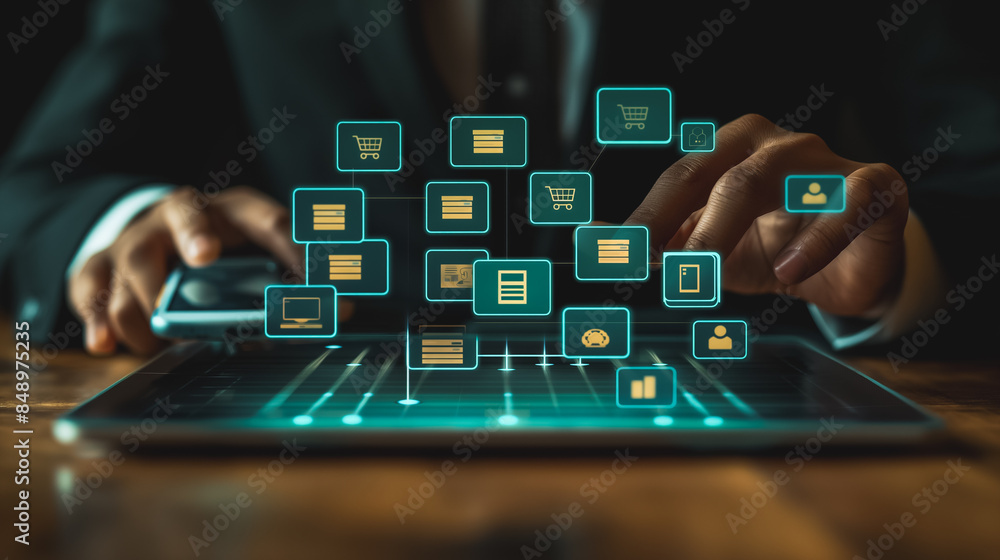 Poster a man is using a tablet with a lot of icons on it. the icons include a phone, laptop, and a keyboard