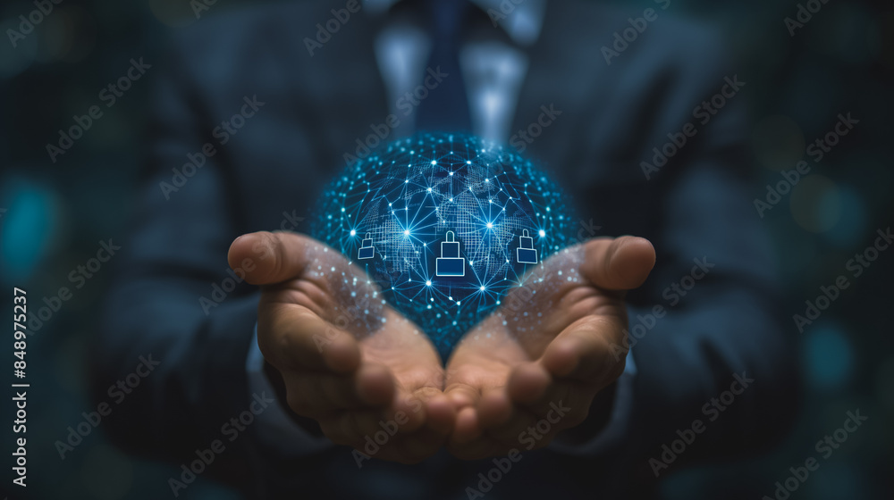 Poster A man is holding a blue sphere that is made up of many small squares. The sphere is surrounded by a network of lines that connect the squares. Concept of complexity and interconnectedness