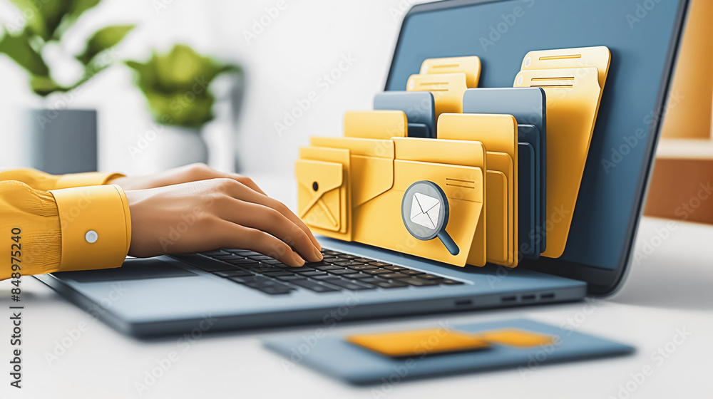 Poster a person is typing on a laptop with a yellow folder on the screen. the folder is labeled 
