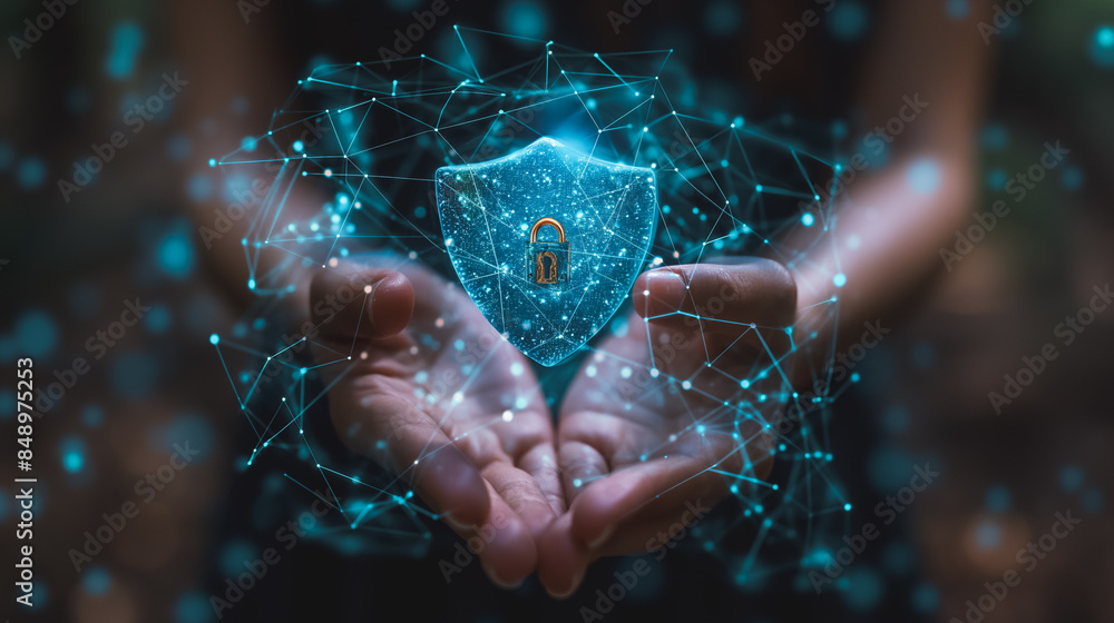 Poster a person is holding a blue shield with a keyhole in it. the shield is surrounded by a web of lines, 