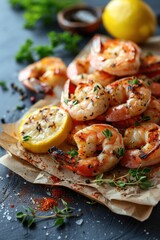 A plate of shrimp with lemon slices and parsley on top