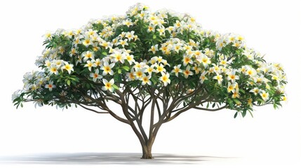 Fototapeta premium A charming frangipani tree with fragrant white and yellow flowers isolated on a white background
