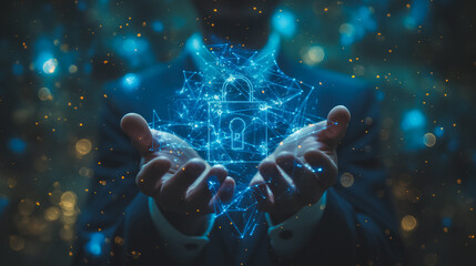 A man is holding a blue lock in his hands. The lock is surrounded by a blue background and he is glowing. Concept of security and protection