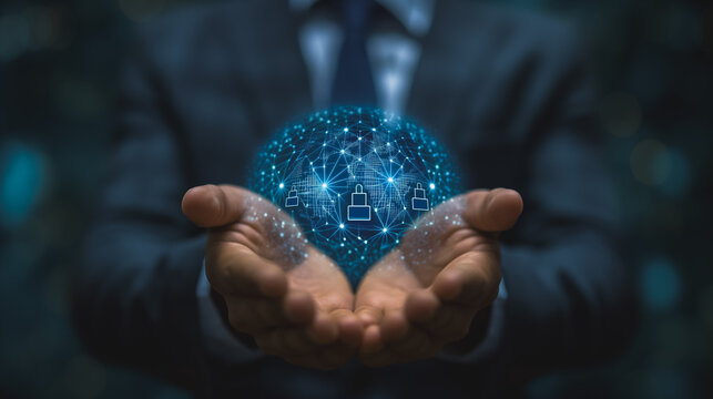 A man is holding a blue sphere that is made up of many small squares. The sphere is surrounded by a network of lines that connect the squares. Concept of complexity and interconnectedness