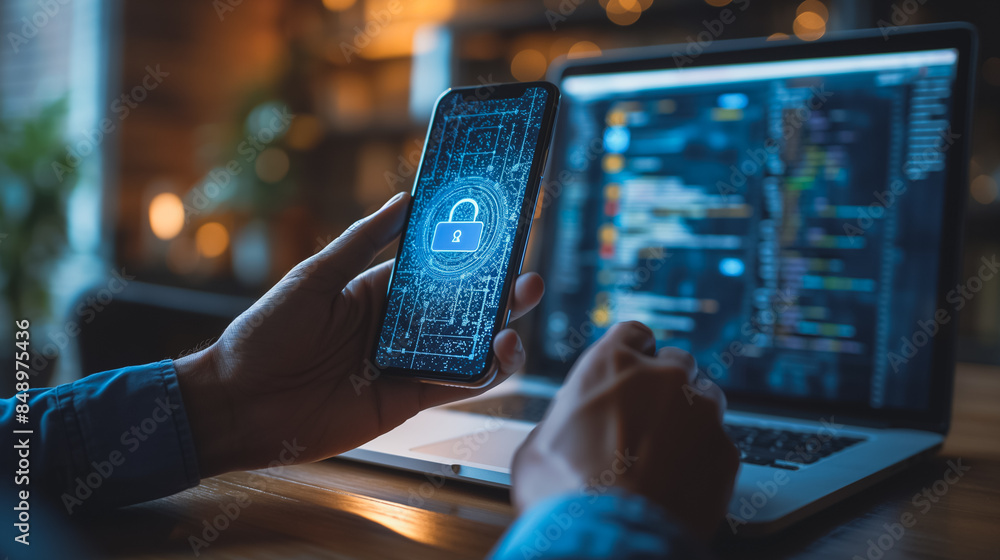 Wall mural a person is holding a cell phone and laptop, with the phone displaying a security lock icon. the lap