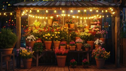 A cozy flower stand adorned with seasonal blooms in clay pots, each highlighted by soft yellow string lights that provide a warm and inviting atmosphere at the night market.