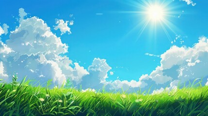 A cheerful summer scene with a clear blue sky, fluffy white clouds, and a shining sun, perfect for a banner