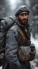 Naklejka premium Weathered Veteran Soldier in Snowy Wilderness Facing Past Battles with Resilience