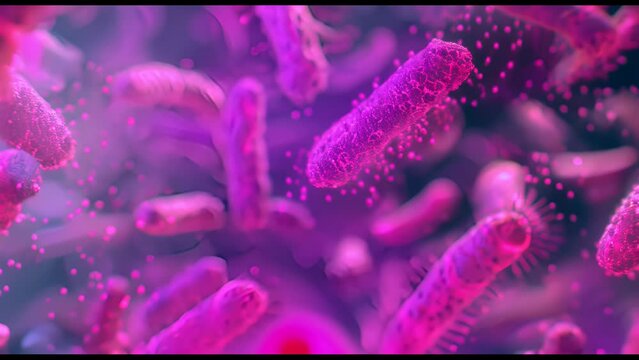 A close up of a bunch of pink bacteria. The bacteria are in a variety of shapes and sizes, and they are all clustered together. The image has a somewhat eerie and unsettling mood