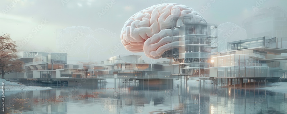 Poster ai system mimicking human cognition, visualized as a digital brain interacting with real-world scena
