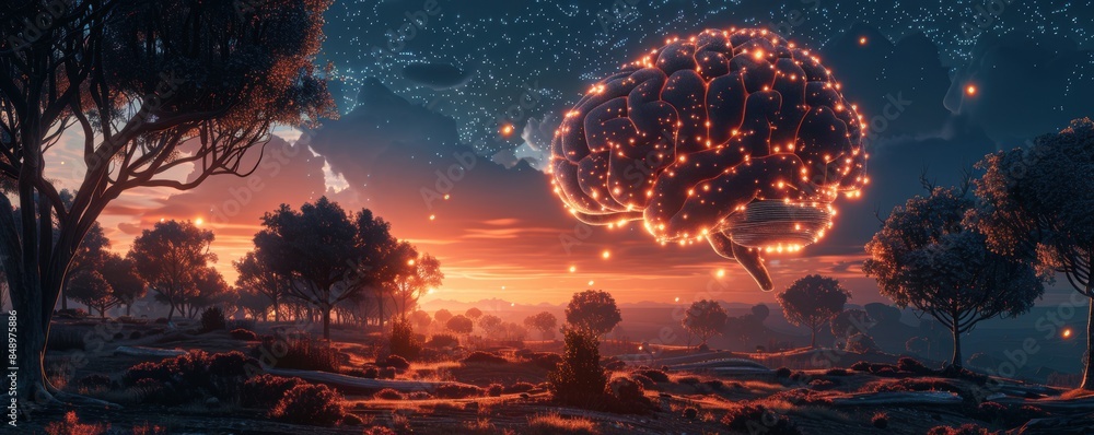 Poster ai system mimicking human cognition, visualized as a digital brain interacting with real-world scena
