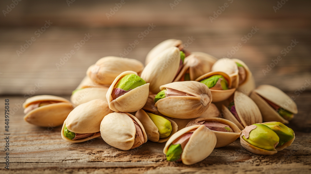 Wall mural Pile of Partially Shelled Pistachios on Rustic Wooden Table