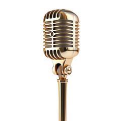 Fototapeta premium Gold vintage microphone on stand isolated on white background, ideal for podcast, radio show, or musical performance stock photo.