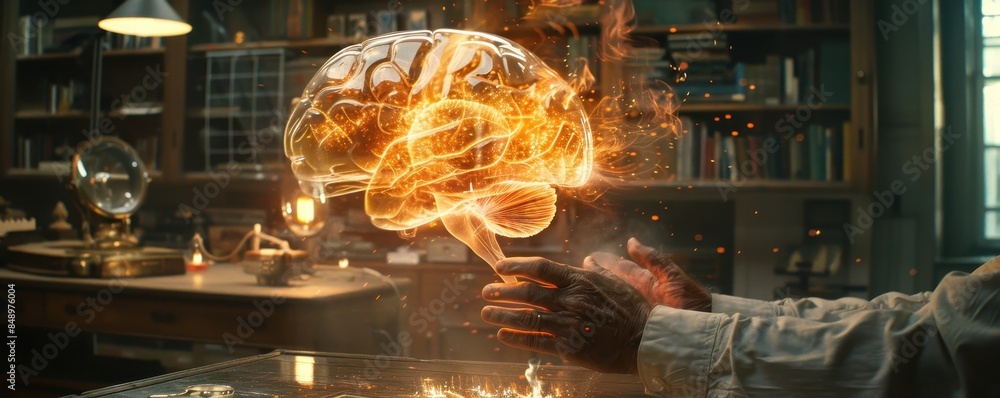 Poster ai system mimicking human cognition, visualized as a digital brain interacting with real-world scena