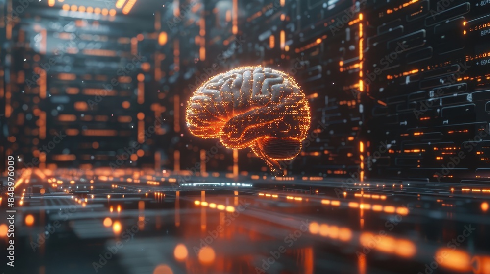 Poster ai system mimicking human cognition, visualized as a digital brain interacting with real-world scena