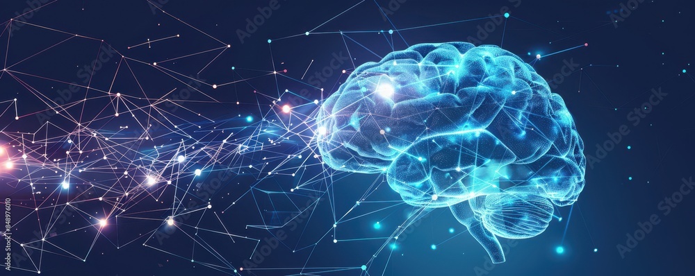 Poster ai system mimicking human cognition, visualized as a digital brain interacting with real-world scena