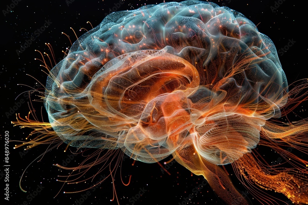 Poster ai system mimicking human cognition, visualized as a digital brain interacting with real-world scena