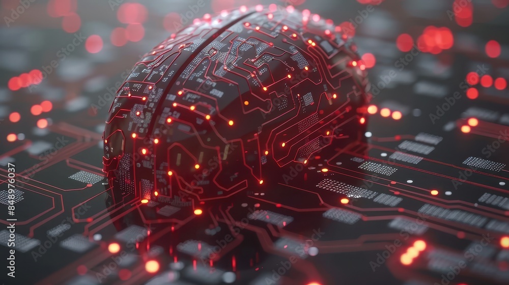 Poster ai system mimicking human cognition, visualized as a digital brain interacting with real-world scena