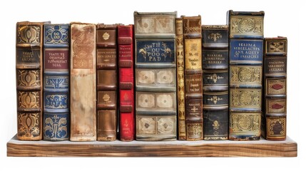 Stock neatly arranged bookshelf isolated on white background