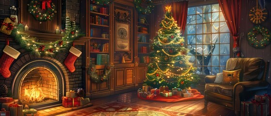 Fototapeta premium A classic Christmas banner design with a warm fireplace, stockings hanging, and a beautifully lit Christmas tree
