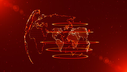 3D hologram of planet earth. 3D holograms of rotating Earth on red background. Colorful world map background. Earth particles background in space. 3d illustration.