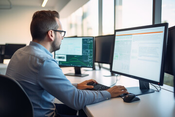 Man at computer, software developer working on coding script or cyber security in bright modern office	