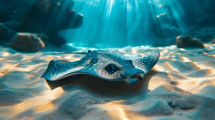 Fototapeta premium Graceful Stingray Gliding Over Sandy Seabed with Dappled Sunlight Above Ocean and Marine Life Concept