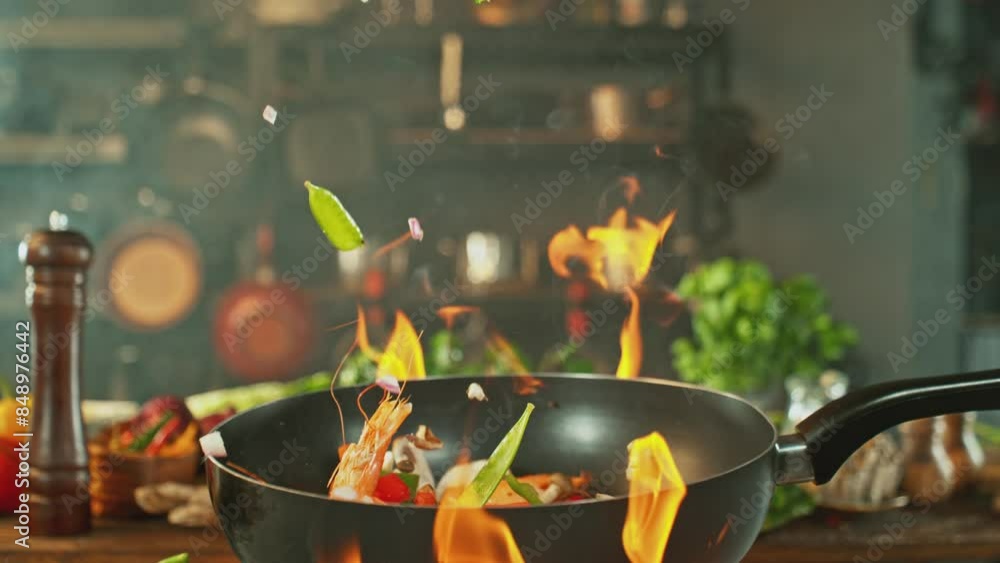 Wall mural super slow motion of flying asian meal with vegetable and prawns into wok pan. filmed on high speed 